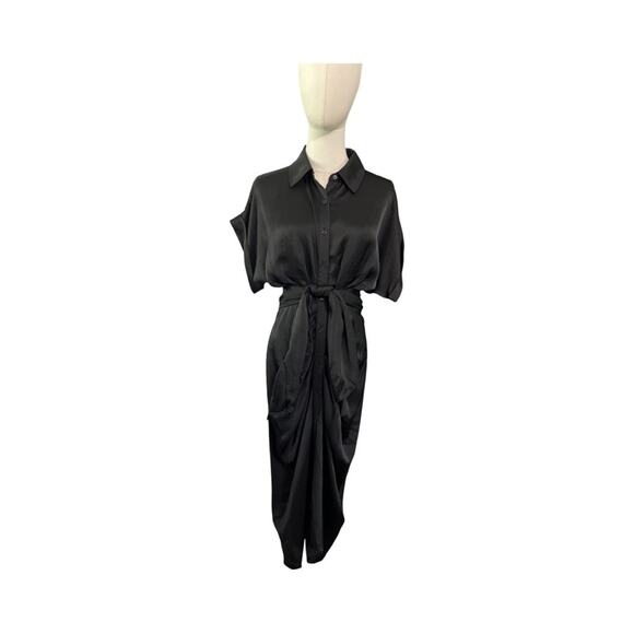 NWT Steve Madden Black Satin Belted Button Down Midi Dress Women’s Size 4 - Picture 4 of 8